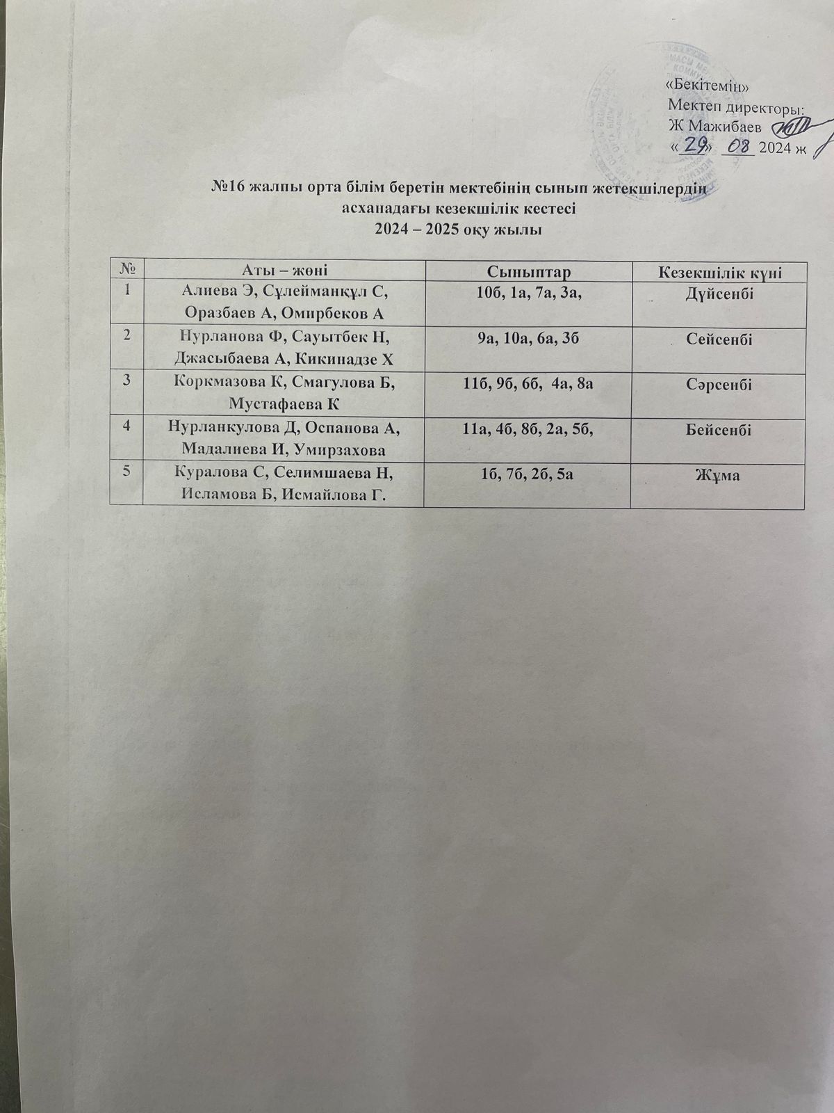Кезекшілік кестесі